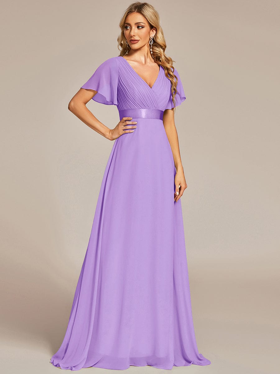 Long Empire Waist Bridesmaid Dress with Short Flutter Sleeves #color_Lavender