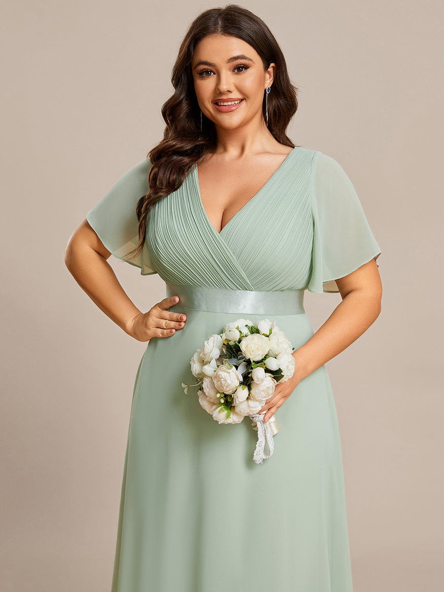 Plus Size Long Empire Waist Bridesmaid Dress with Short Flutter Sleeves #color_Mint Green