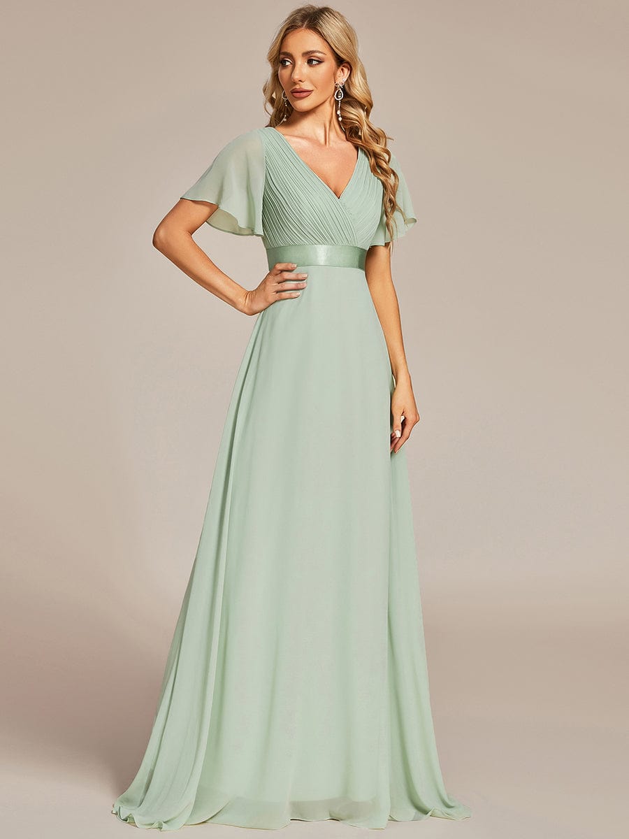 Long Empire Waist Bridesmaid Dress with Short Flutter Sleeves #color_Mint Green