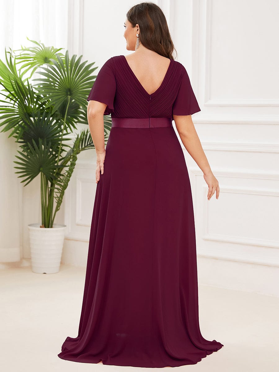 Plus Size Long Empire Waist Bridesmaid Dress with Short Flutter Sleeves #color_Mulberry