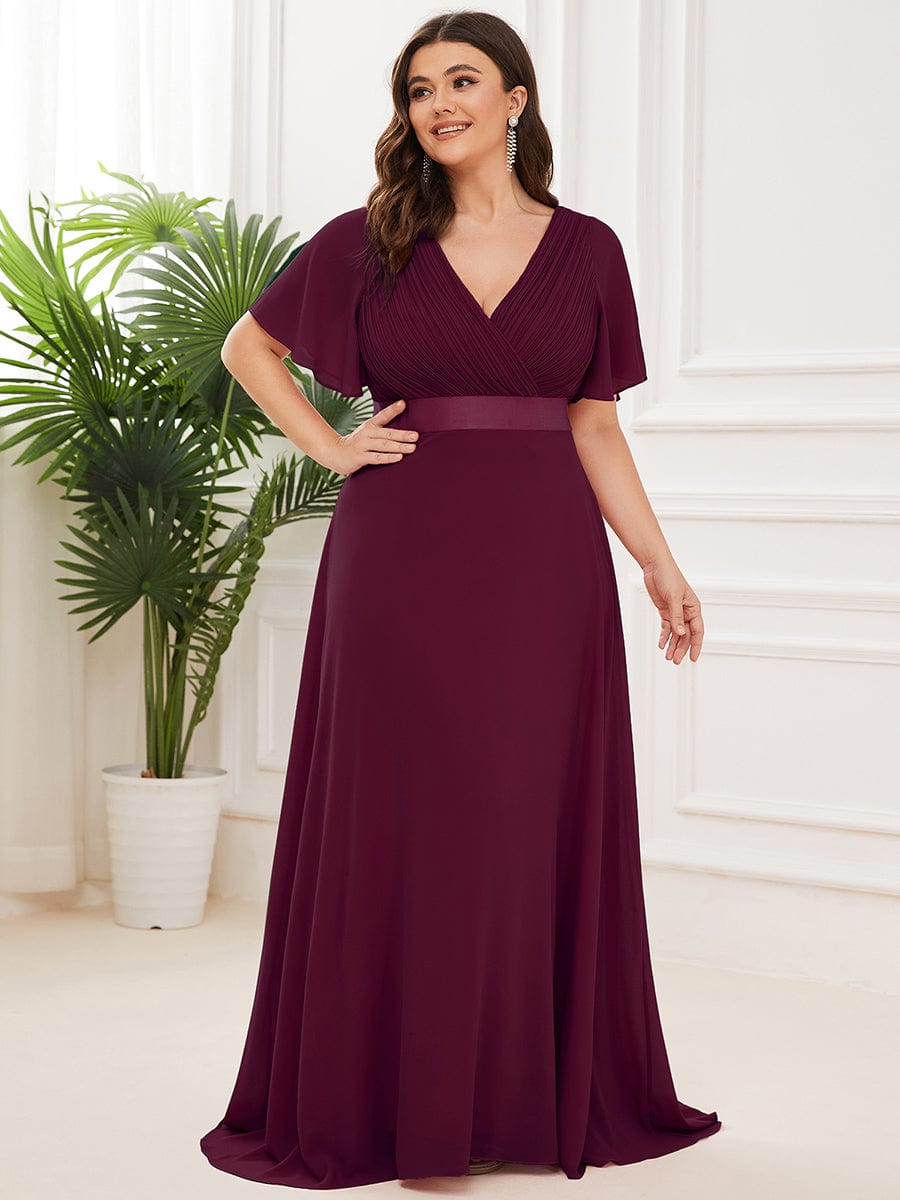 Plus Size Long Empire Waist Bridesmaid Dress with Short Flutter Sleeves #color_Mulberry