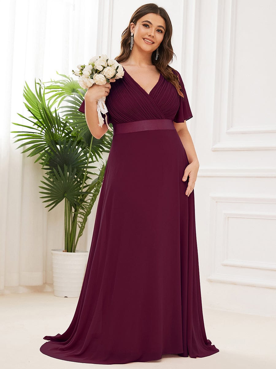 Plus Size Long Empire Waist Bridesmaid Dress with Short Flutter Sleeves #color_Mulberry