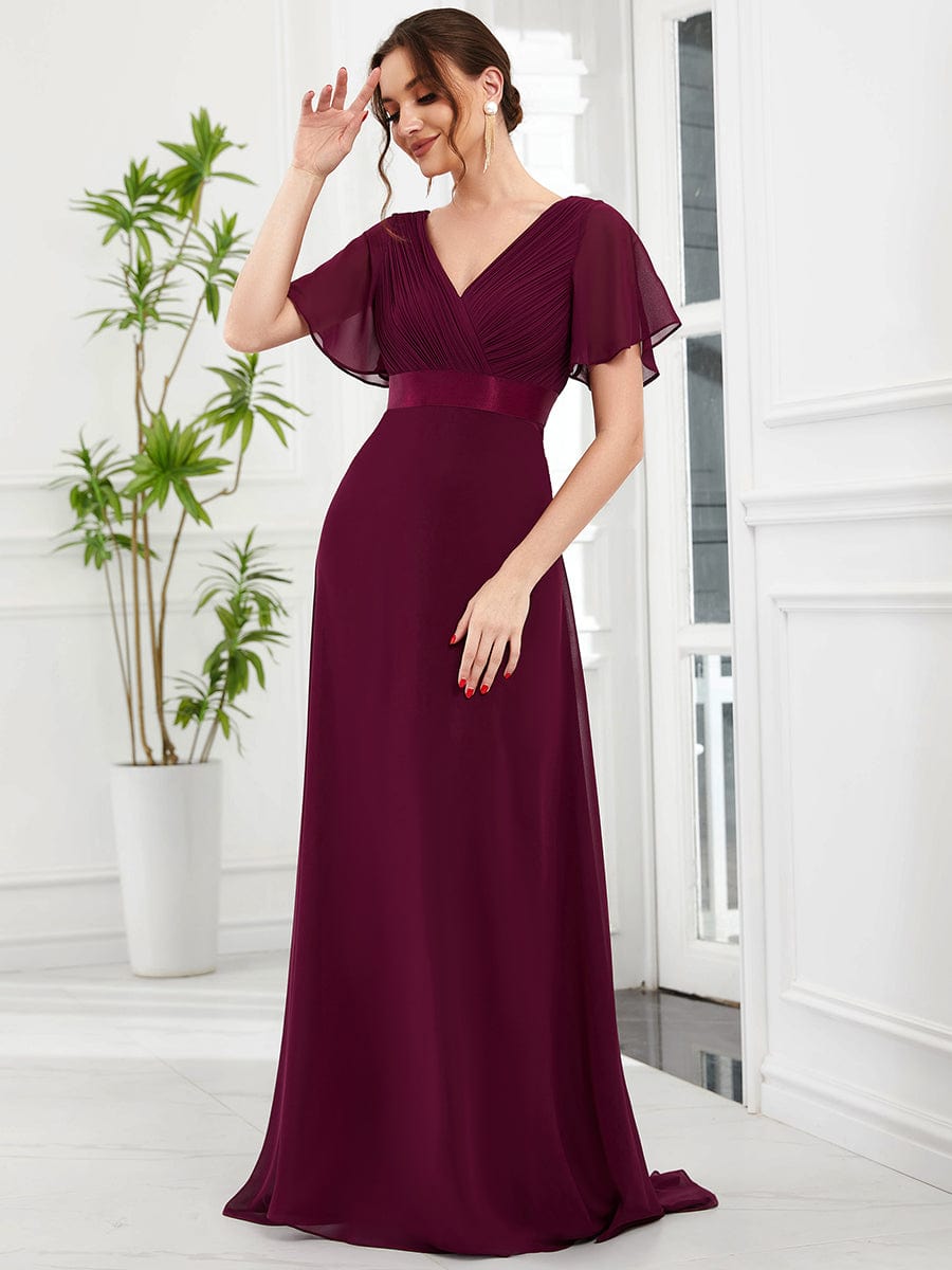 High Waist Short Sleeves Bridesmaid Dress #color_Mulberry