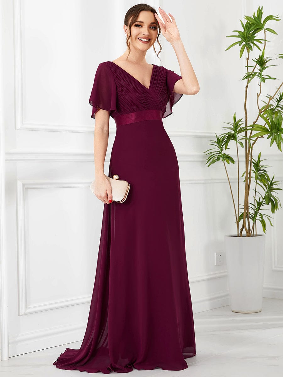 High Waist Short Sleeves Bridesmaid Dress #color_Mulberry