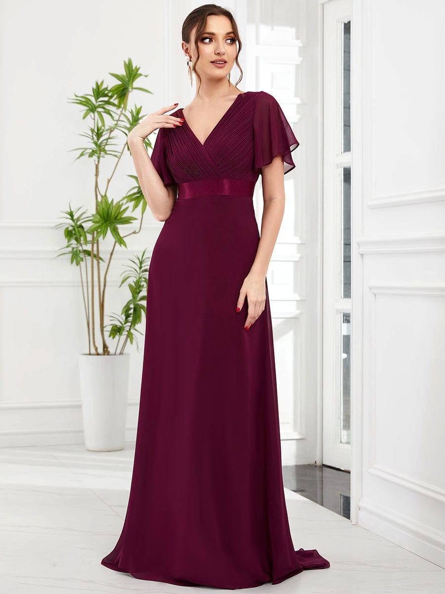 High Waist Short Sleeves Bridesmaid Dress #color_Mulberry