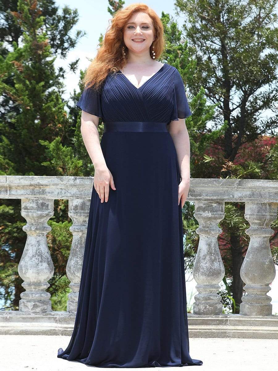 Plus Size Long Empire Waist Bridesmaid Dress with Short Flutter Sleeves #color_Navy Blue