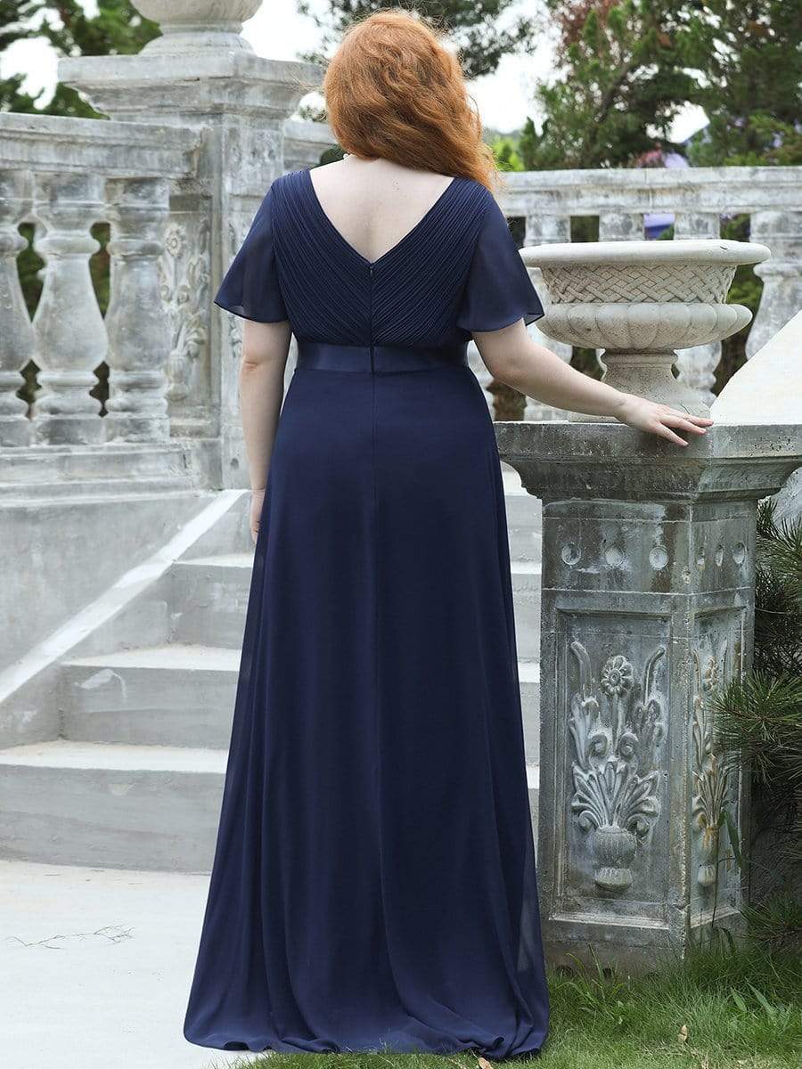 Plus Size Long Empire Waist Bridesmaid Dress with Short Flutter Sleeves #color_Navy Blue