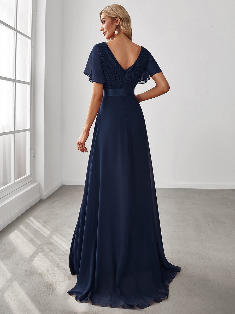 Long Empire Waist Bridesmaid Dress with Short Flutter Sleeves #color_Navy Blue