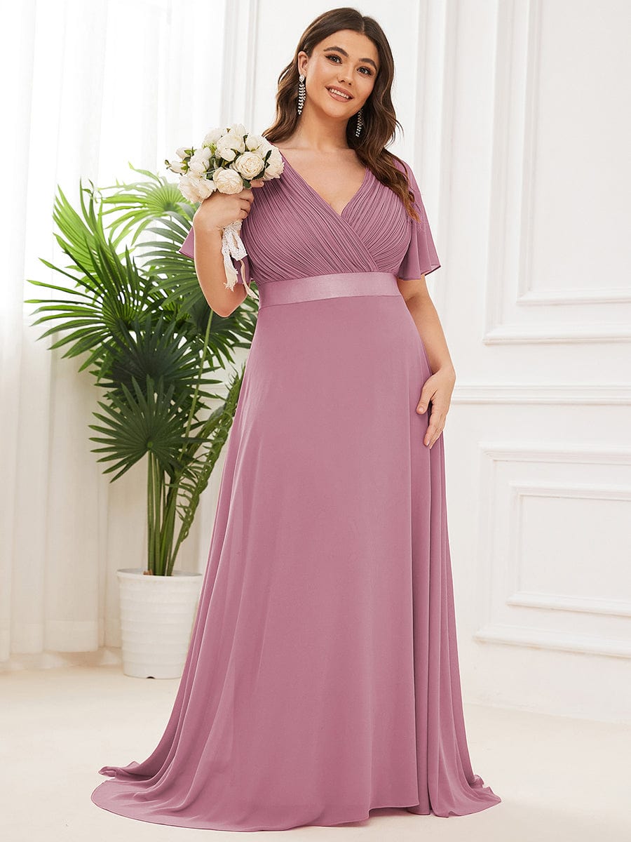 Long Empire Waist Bridesmaid Dress with Short Flutter Sleeves #color_Purple Orchid