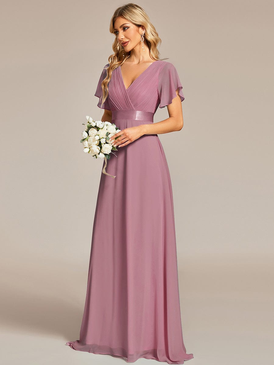 Long Empire Waist Bridesmaid Dress with Short Flutter Sleeves #color_Purple Orchid