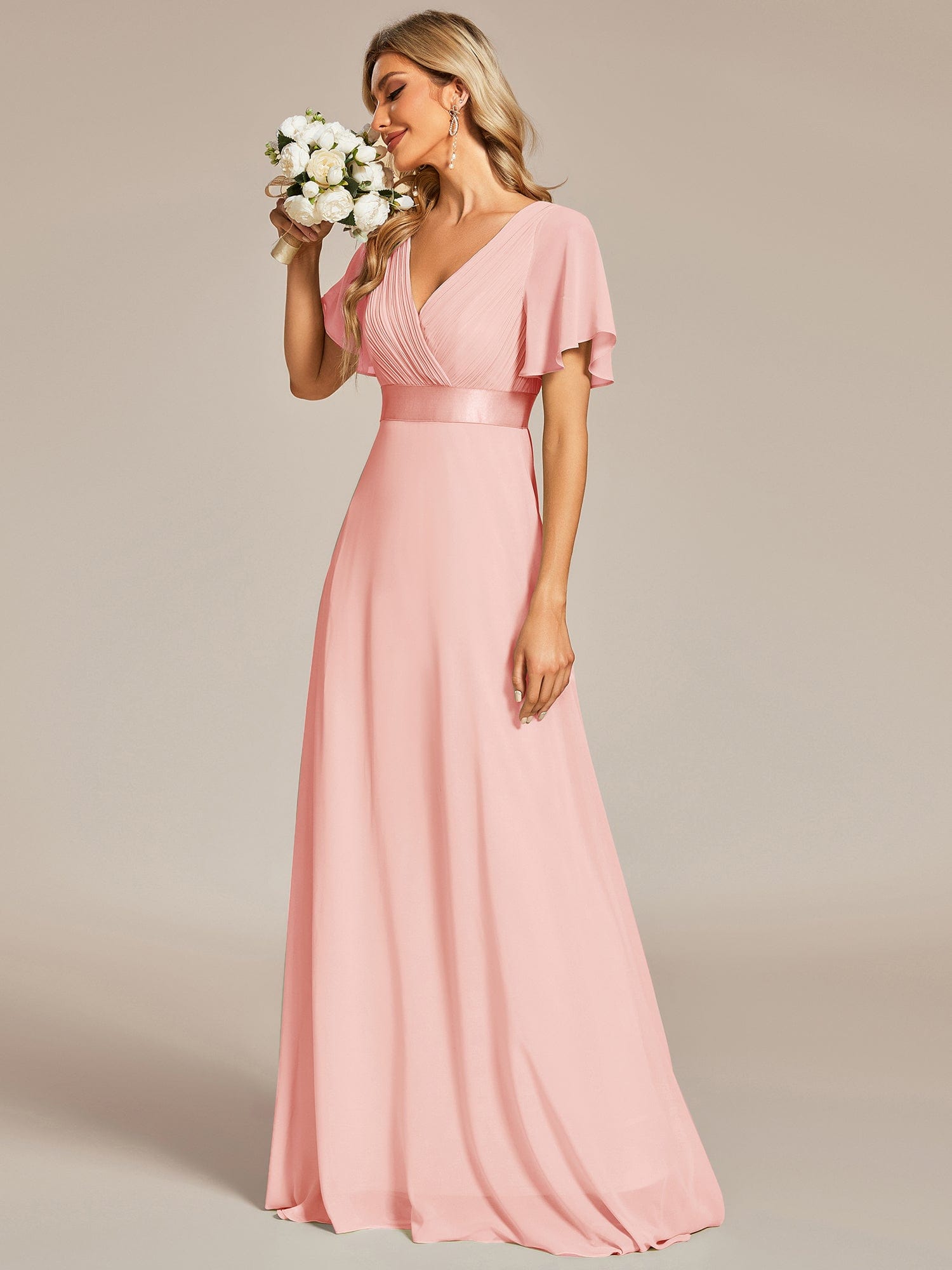 Long Empire Waist Bridesmaid Dress with Short Flutter Sleeves #color_Pink