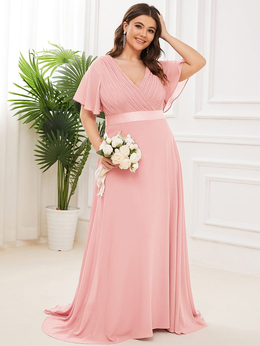 Plus Size Long Empire Waist Bridesmaid Dress with Short Flutter Sleeves #color_Pink