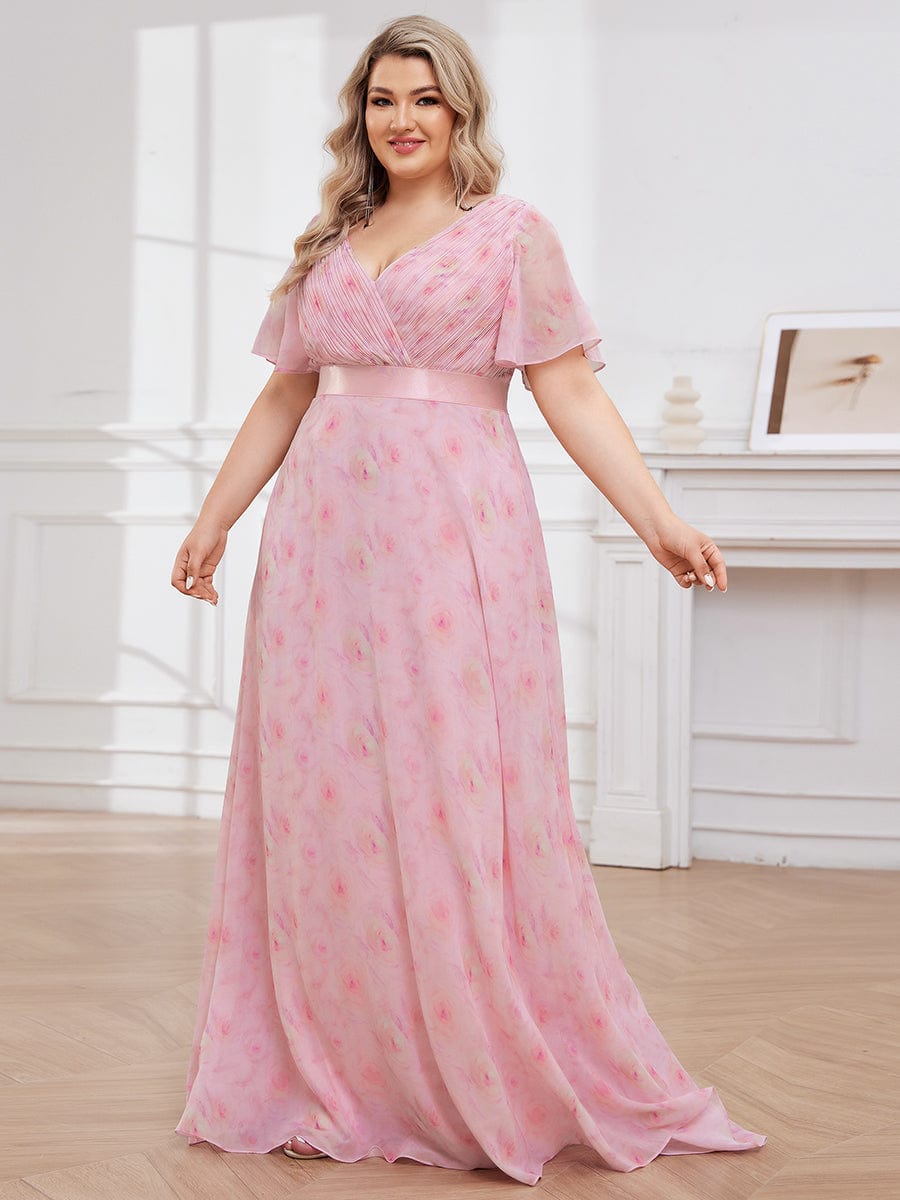 Plus Size Long Empire Waist Bridesmaid Dress with Short Flutter Sleeves #color_Light Purple Roses