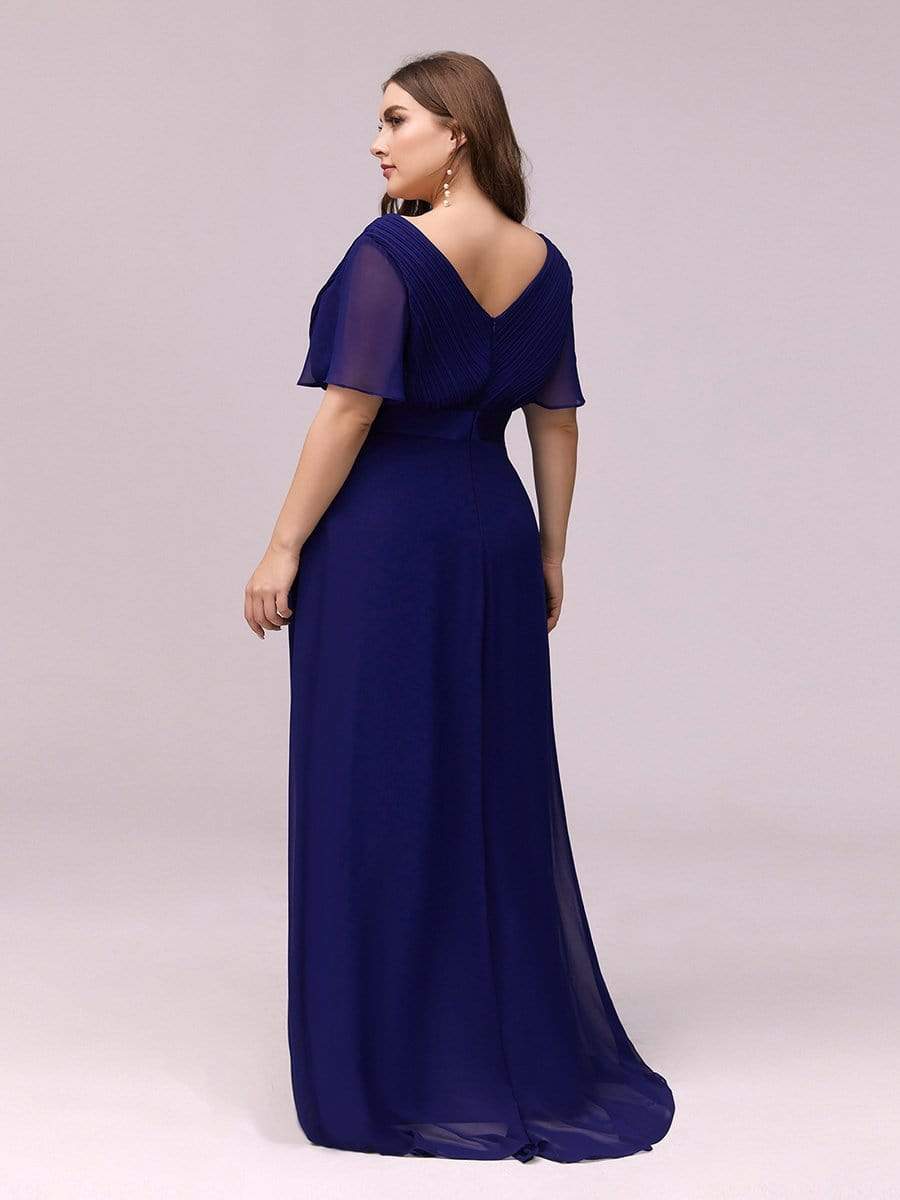 Plus Size Long Empire Waist Bridesmaid Dress with Short Flutter Sleeves #color_Royal Blue