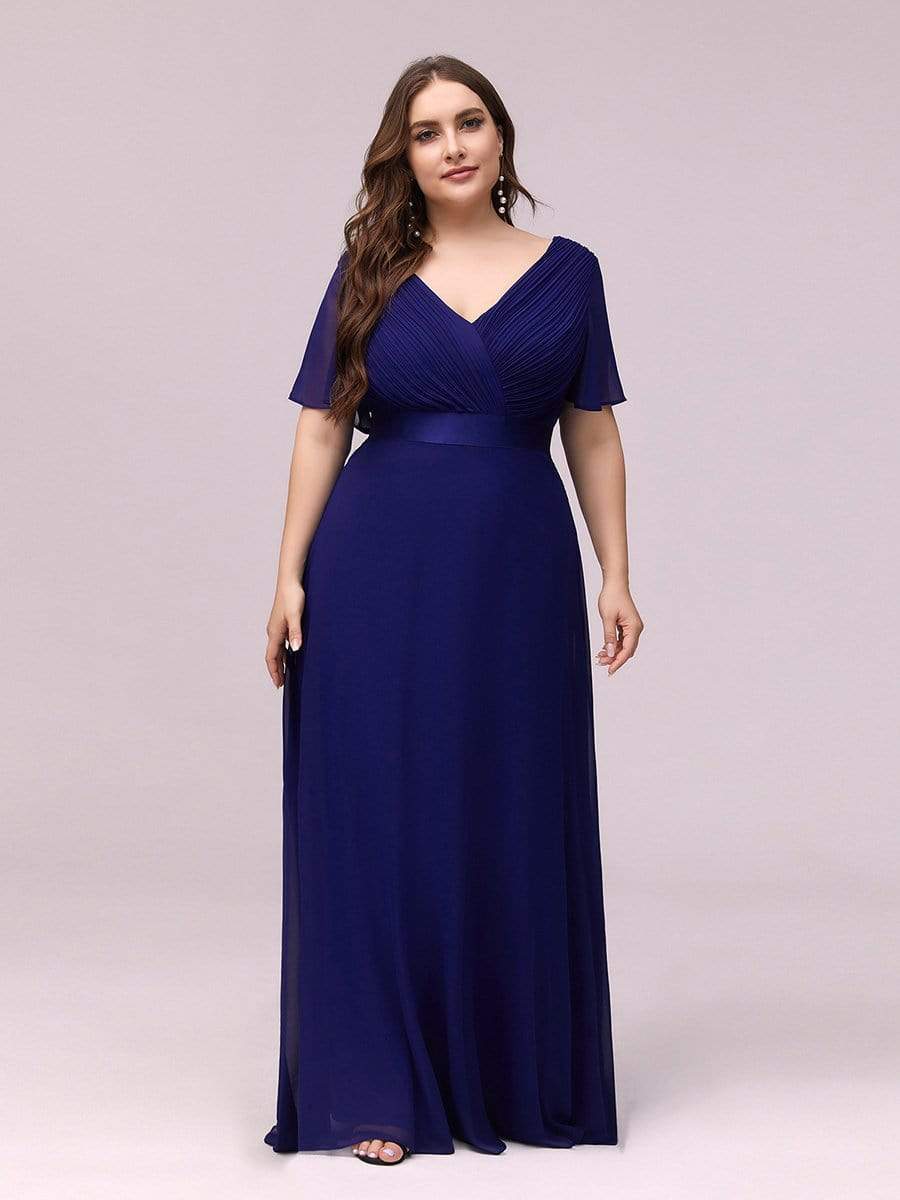 Plus Size Long Empire Waist Bridesmaid Dress with Short Flutter Sleeves #color_Royal Blue