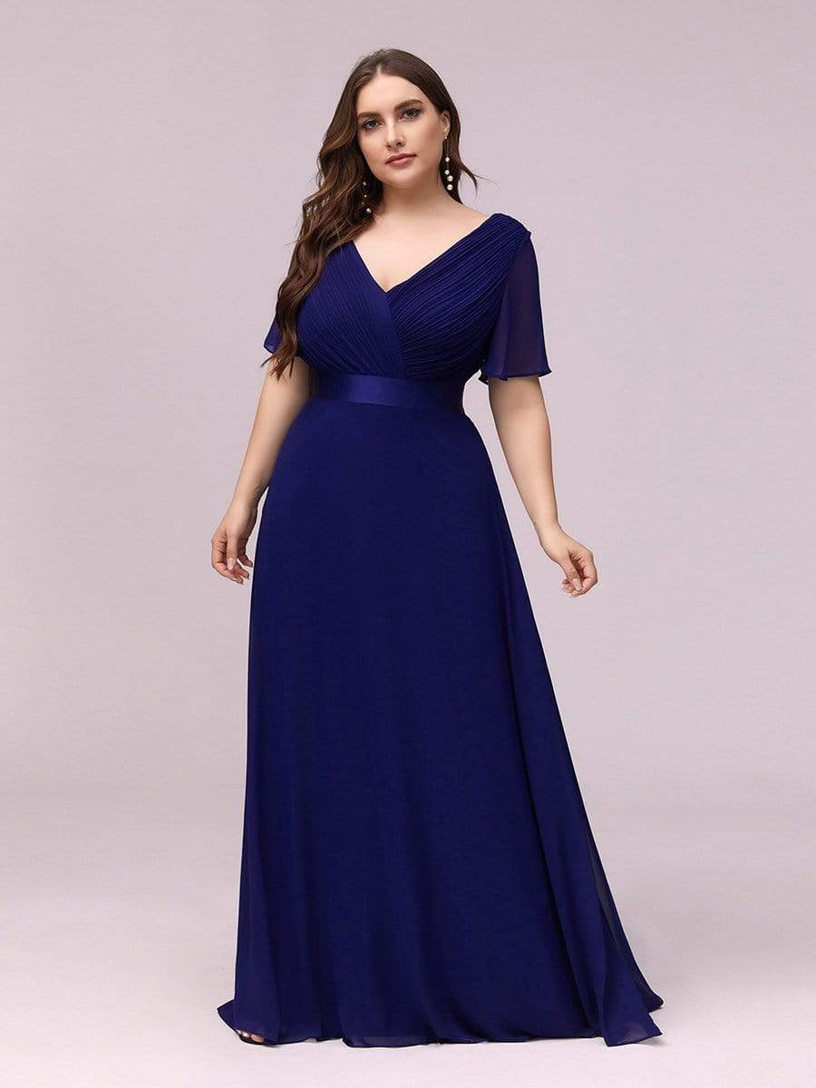Plus Size Long Empire Waist Bridesmaid Dress with Short Flutter Sleeves #color_Royal Blue