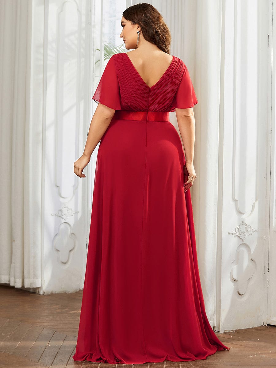 High Waist Short Sleeves Bridesmaid Dress #color_Red