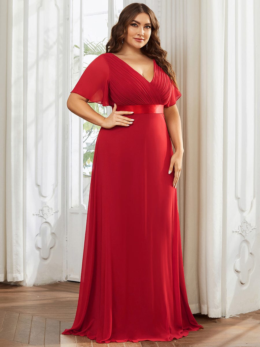 Plus Size Long Empire Waist Bridesmaid Dress with Short Flutter Sleeves #color_Red