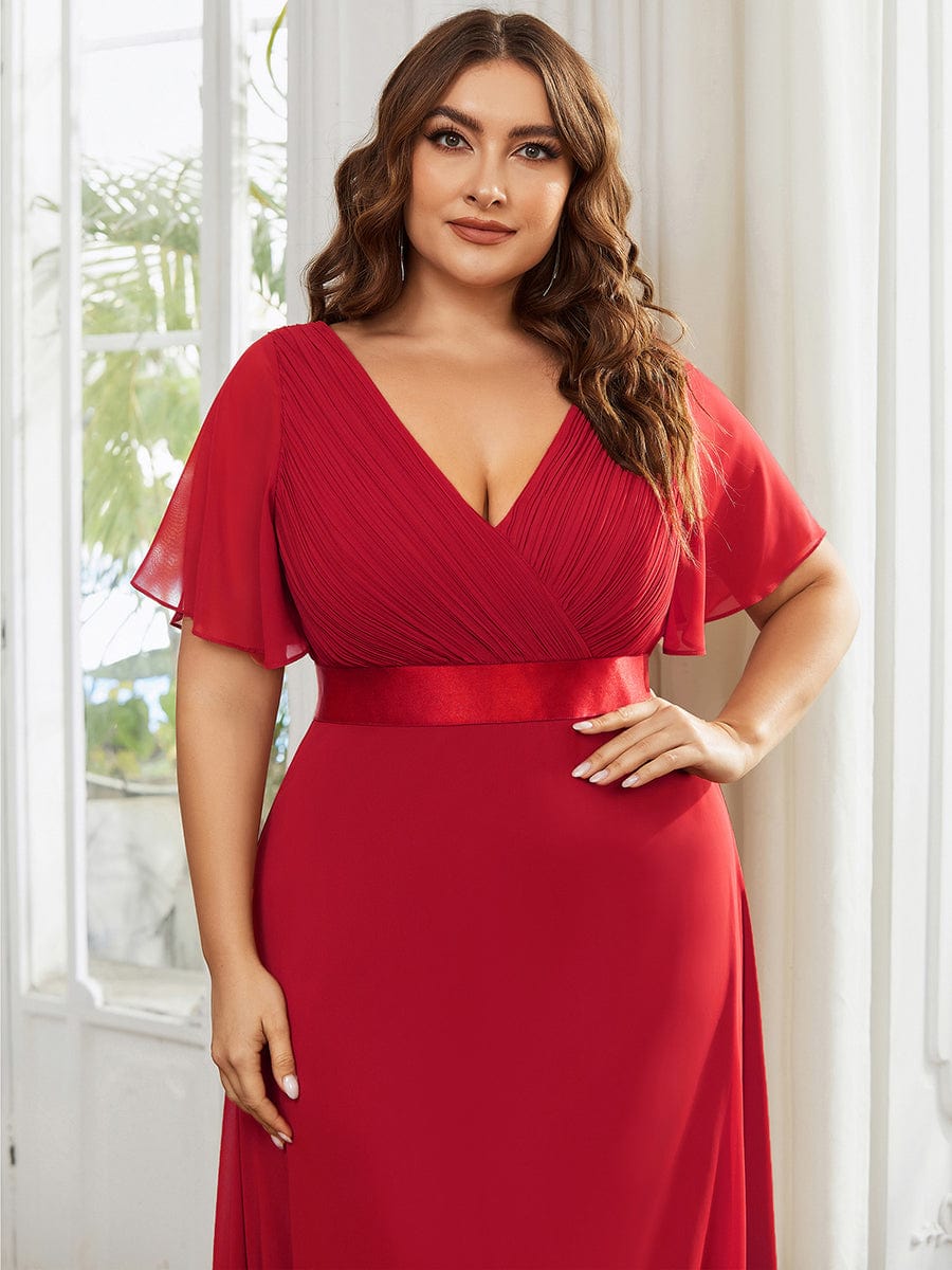 Plus Size Long Empire Waist Bridesmaid Dress with Short Flutter Sleeves #color_Red