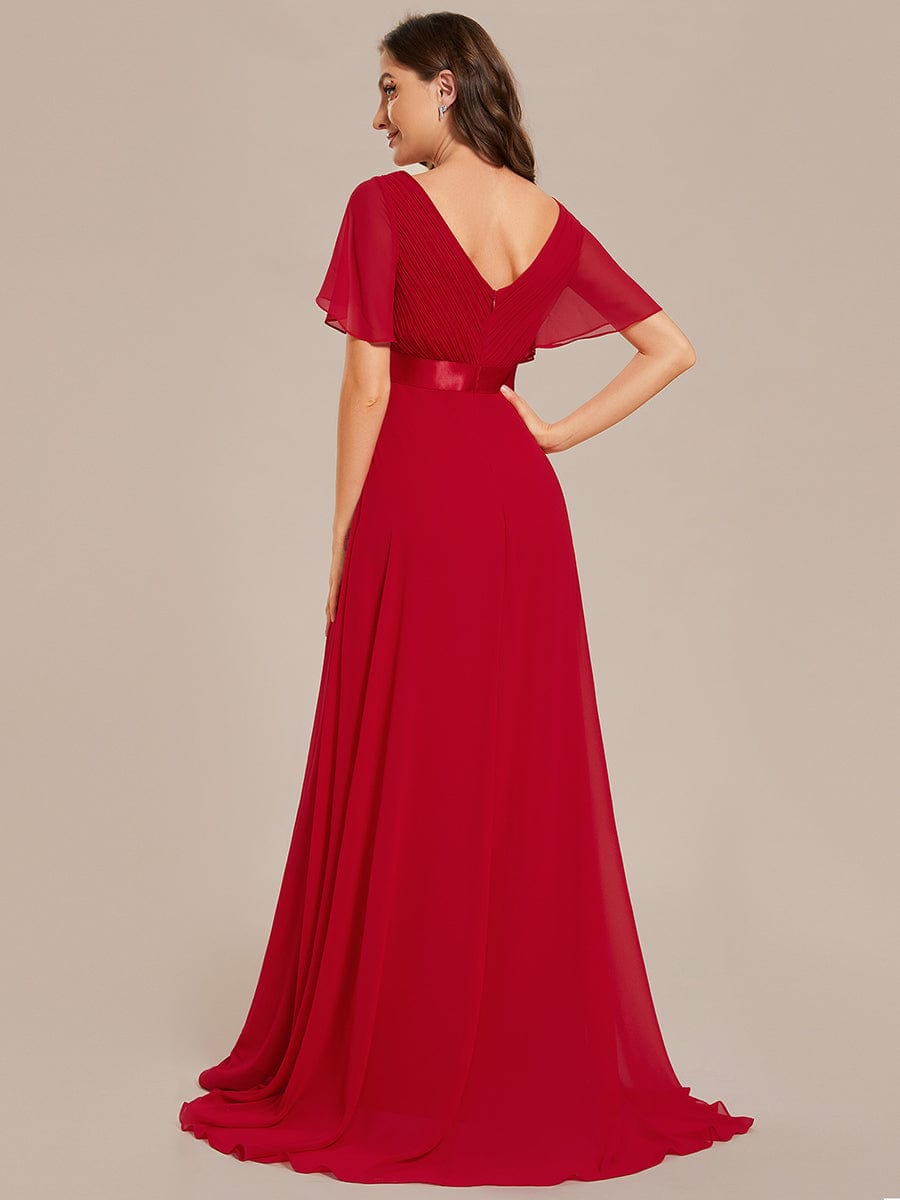 High Waist Short Sleeves Bridesmaid Dress #color_Red