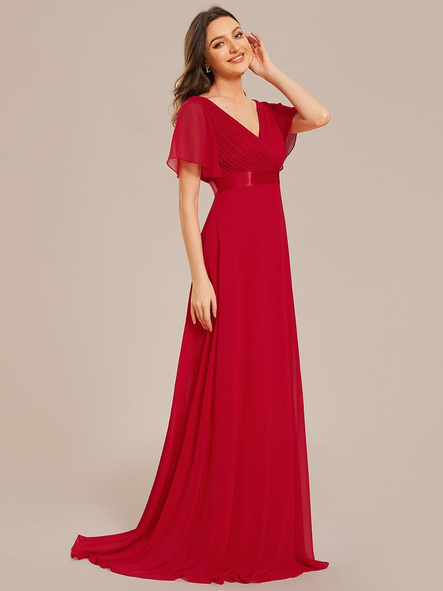 High Waist Short Sleeves Bridesmaid Dress #color_Red