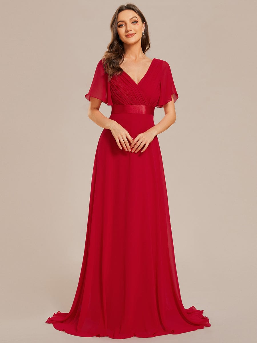 High Waist Short Sleeves Bridesmaid Dress #color_Red