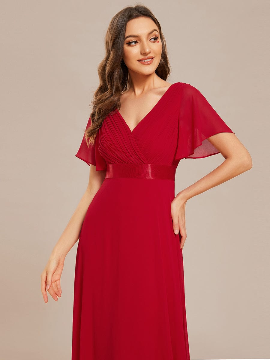 High Waist Short Sleeves Bridesmaid Dress #color_Red