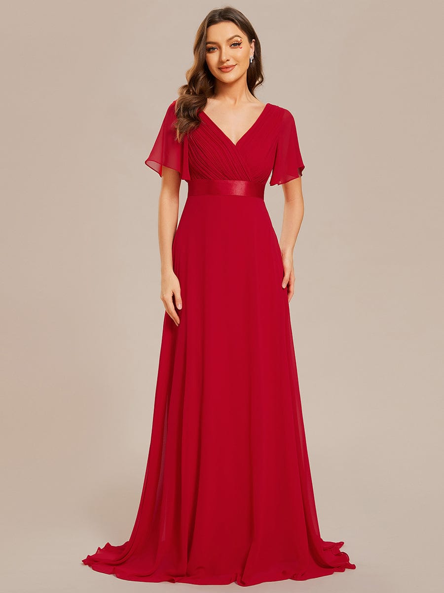 High Waist Short Sleeves Bridesmaid Dress #color_Red