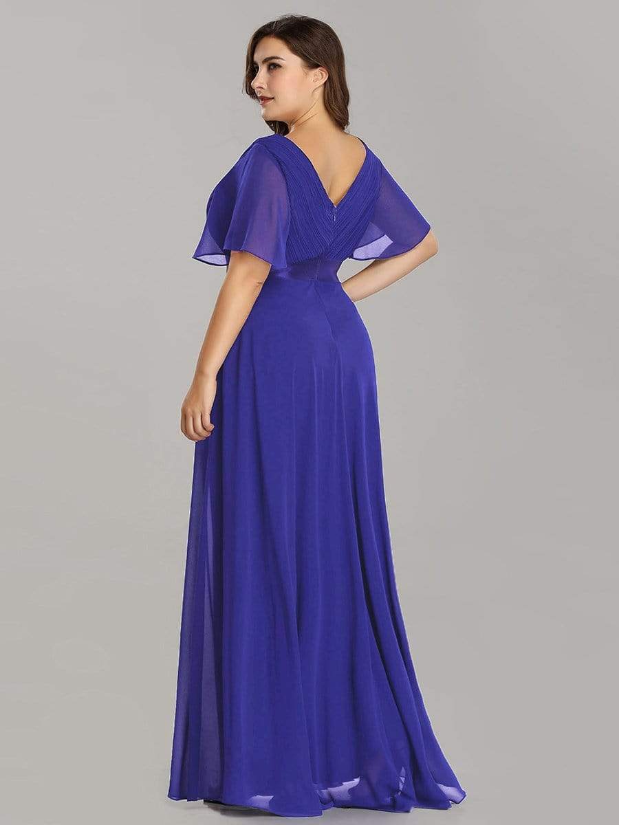 Plus Size Long Empire Waist Bridesmaid Dress with Short Flutter Sleeves #color_Sapphire Blue