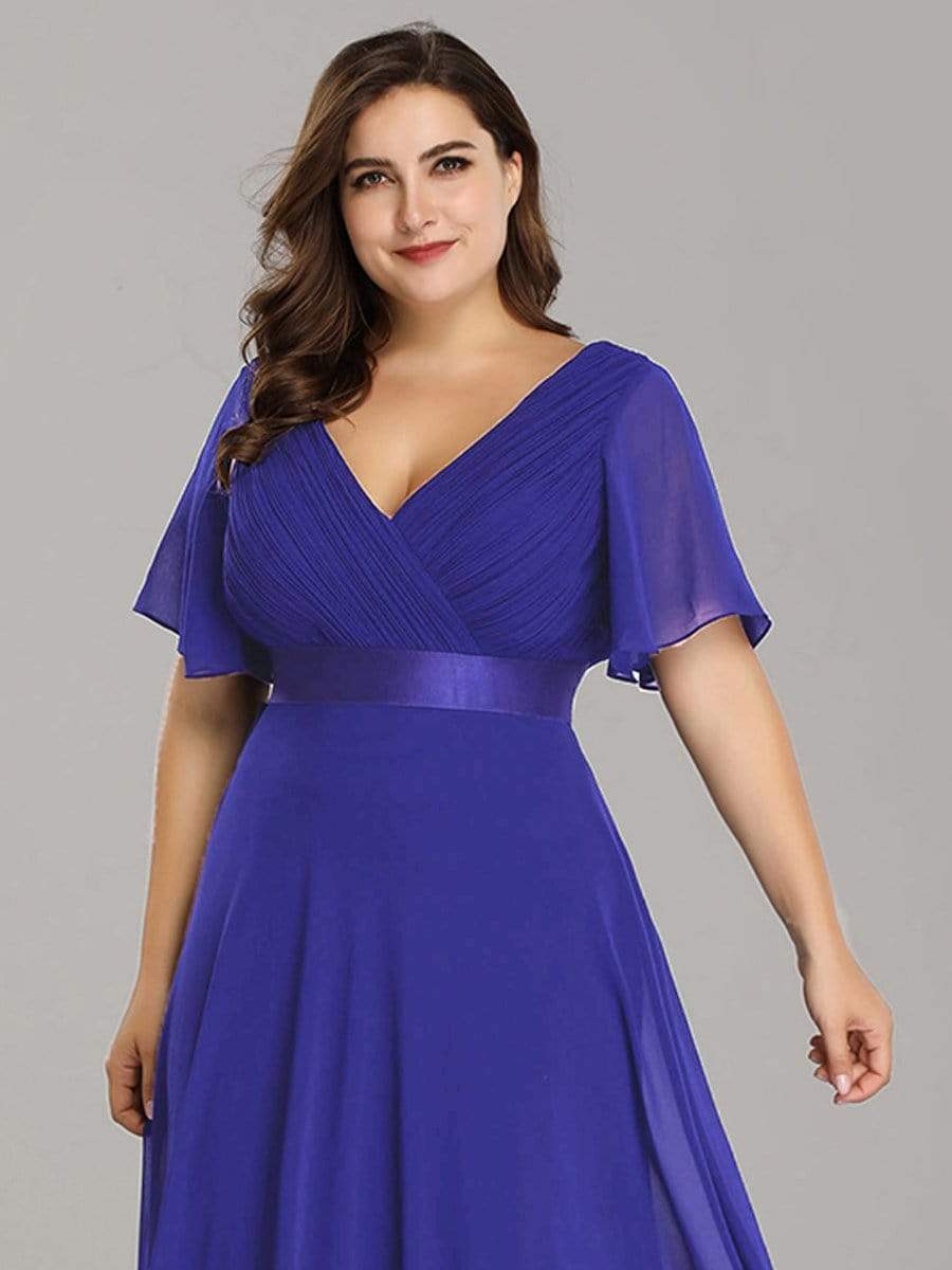 Plus Size Long Empire Waist Bridesmaid Dress with Short Flutter Sleeves #color_Sapphire Blue