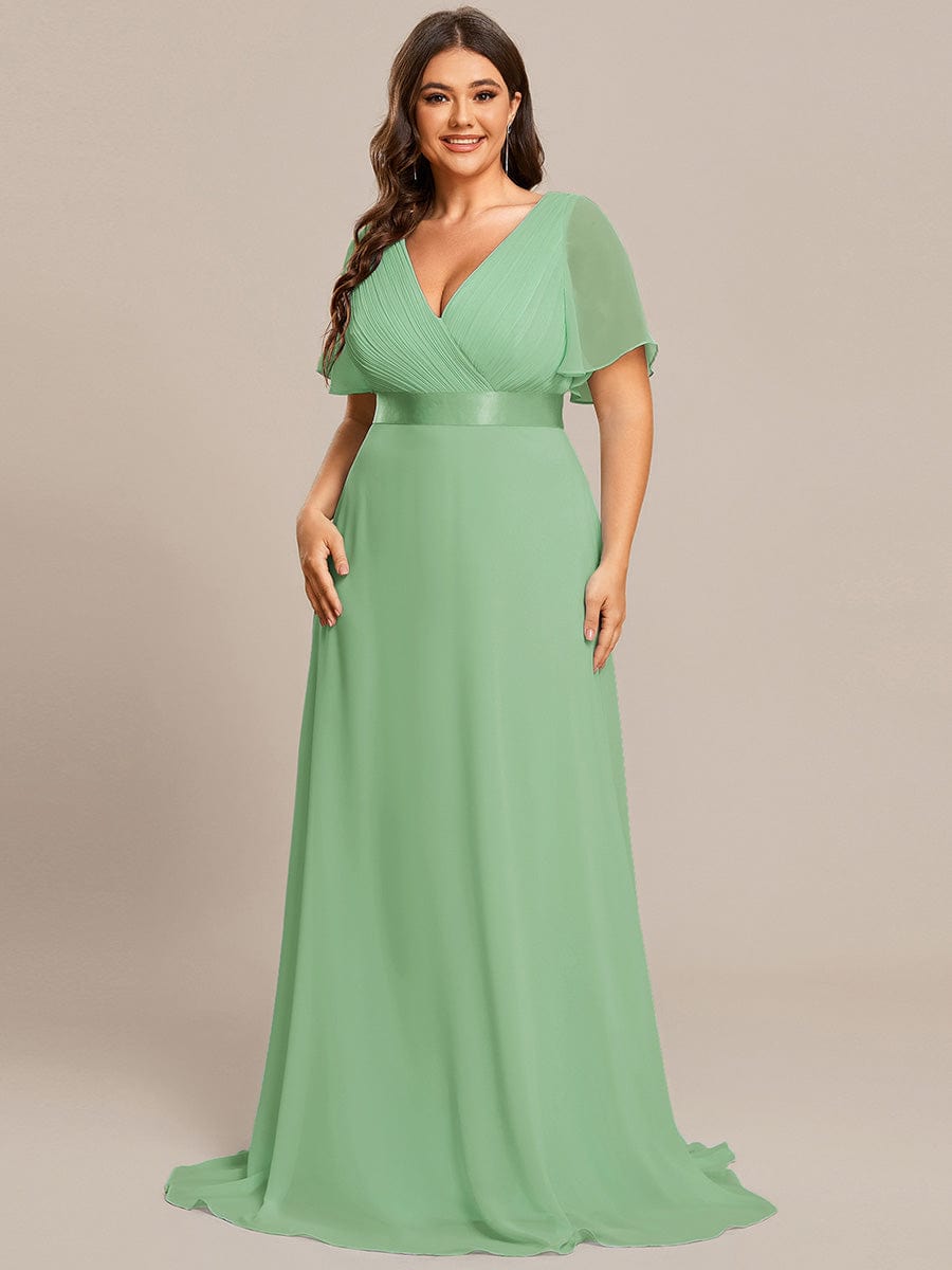 Plus Size Long Empire Waist Bridesmaid Dress with Short Flutter Sleeves #color_Sage green