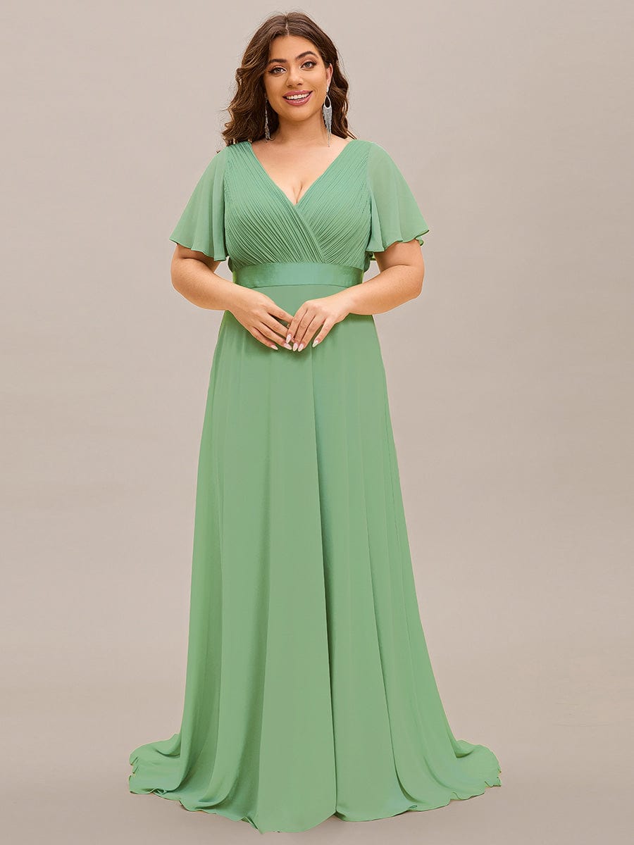 Plus Size Long Empire Waist Bridesmaid Dress with Short Flutter Sleeves #color_Sage green