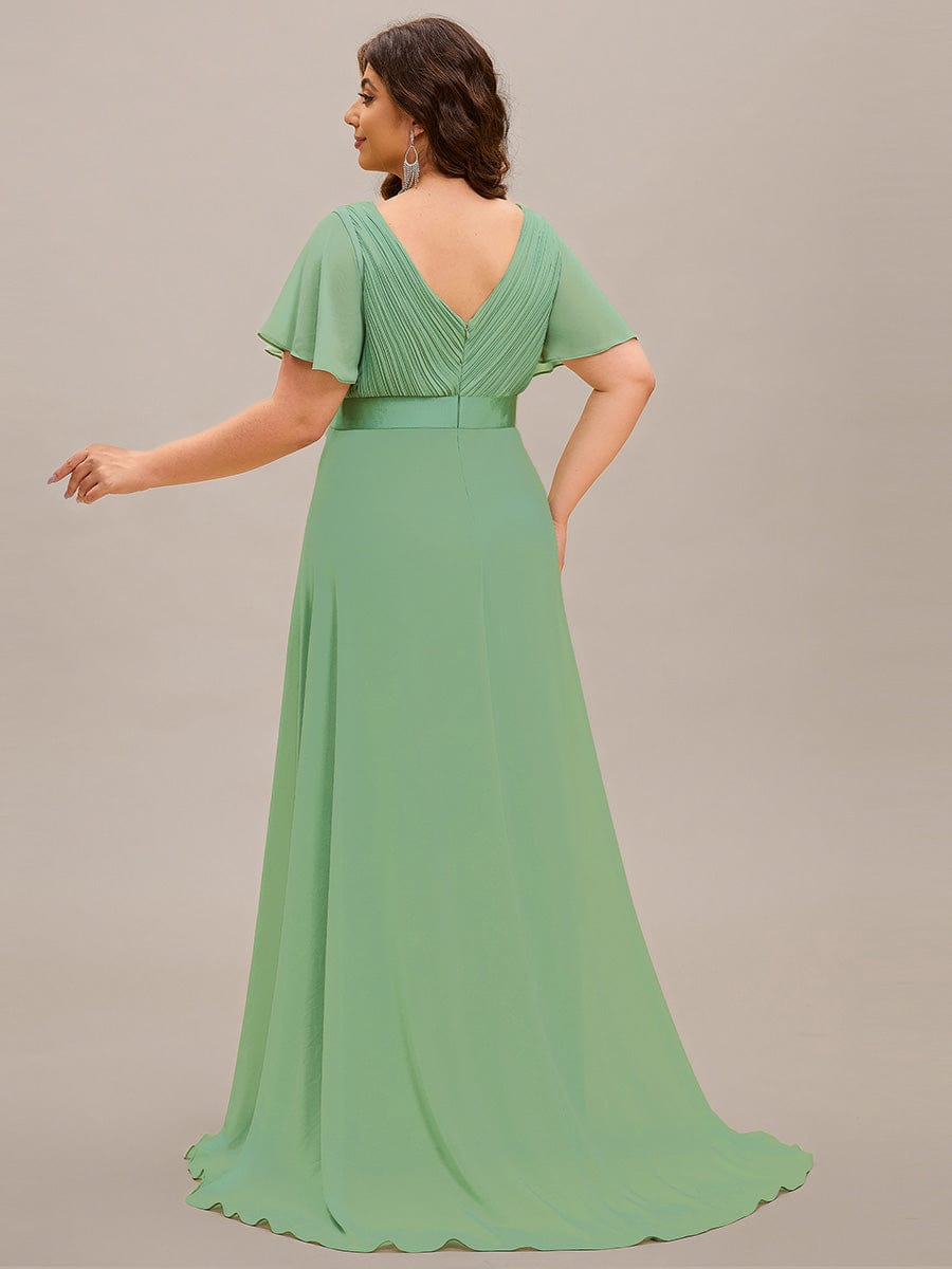 Plus Size Long Empire Waist Bridesmaid Dress with Short Flutter Sleeves #color_Sage green