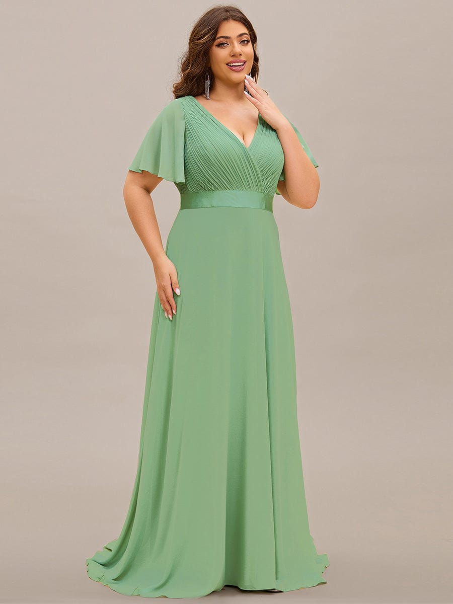 Plus Size Long Empire Waist Bridesmaid Dress with Short Flutter Sleeves #color_Sage green