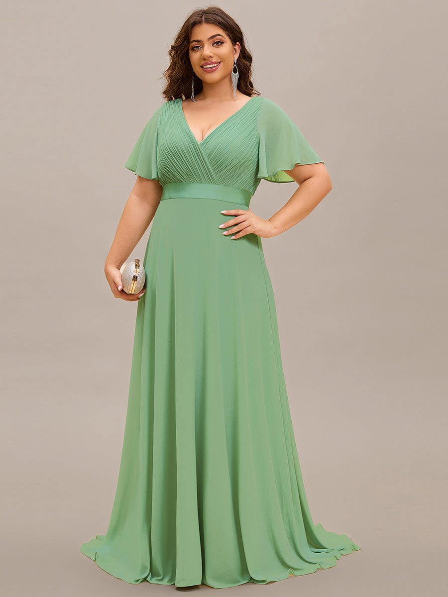 Plus Size Long Empire Waist Bridesmaid Dress with Short Flutter Sleeves #color_Sage green