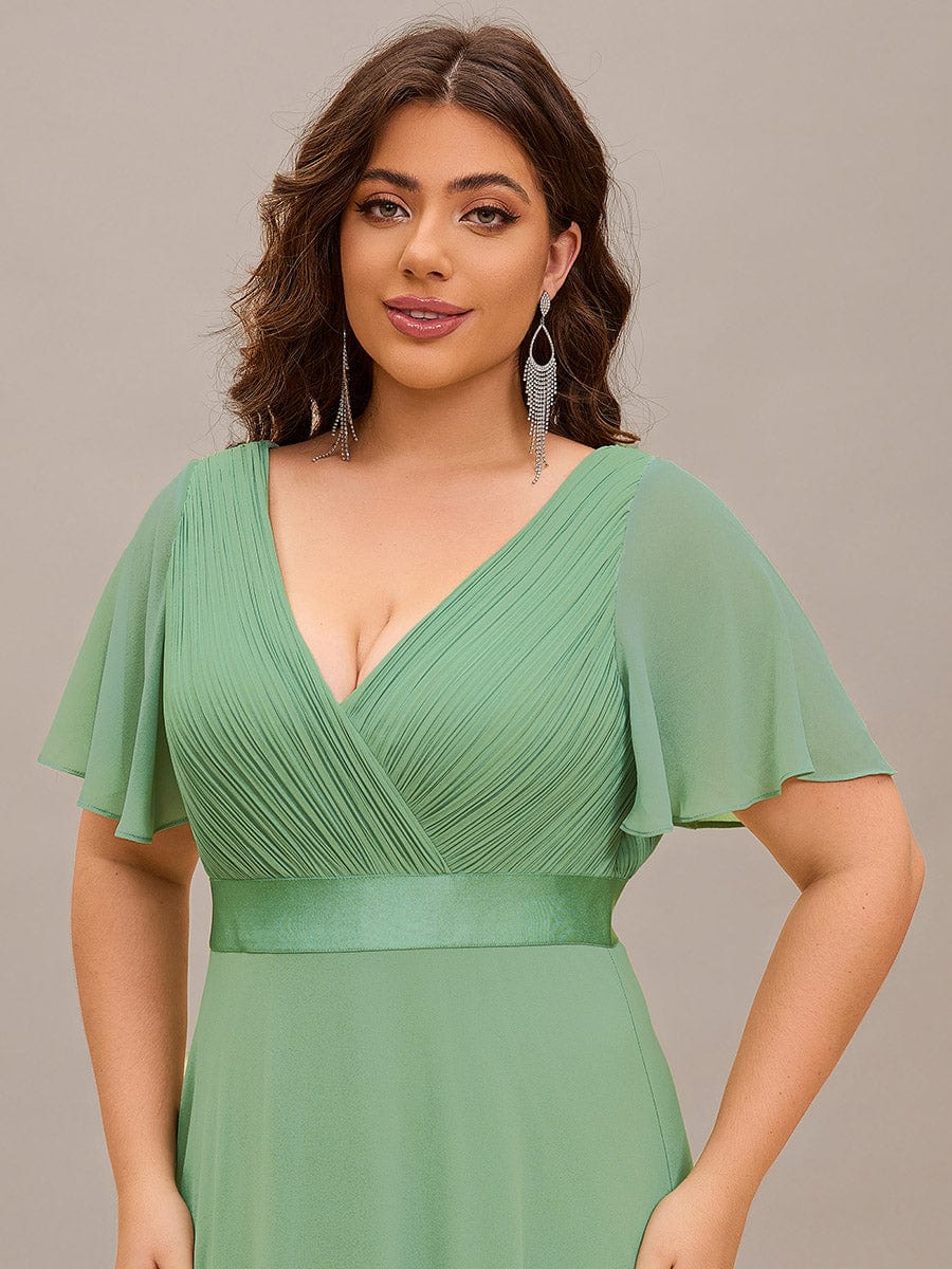 Plus Size Long Empire Waist Bridesmaid Dress with Short Flutter Sleeves #color_Sage green