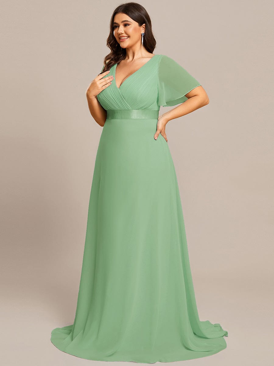 Plus Size Long Empire Waist Bridesmaid Dress with Short Flutter Sleeves #color_Sage green