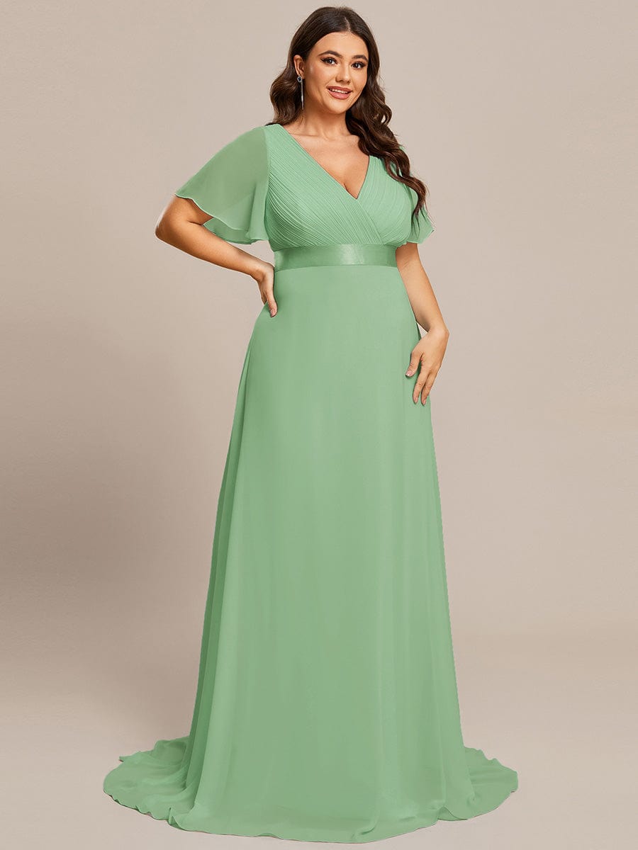 Plus Size Long Empire Waist Bridesmaid Dress with Short Flutter Sleeves #color_Sage green