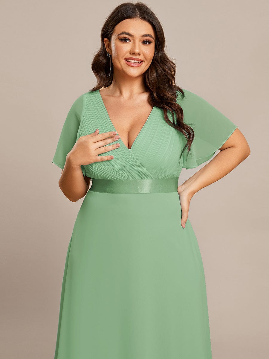 Plus Size Long Empire Waist Bridesmaid Dress with Short Flutter Sleeves #color_Sage green