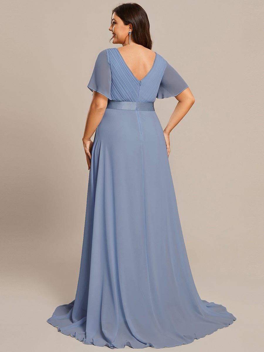 Plus Size Long Empire Waist Bridesmaid Dress with Short Flutter Sleeves #color_Slate Blue