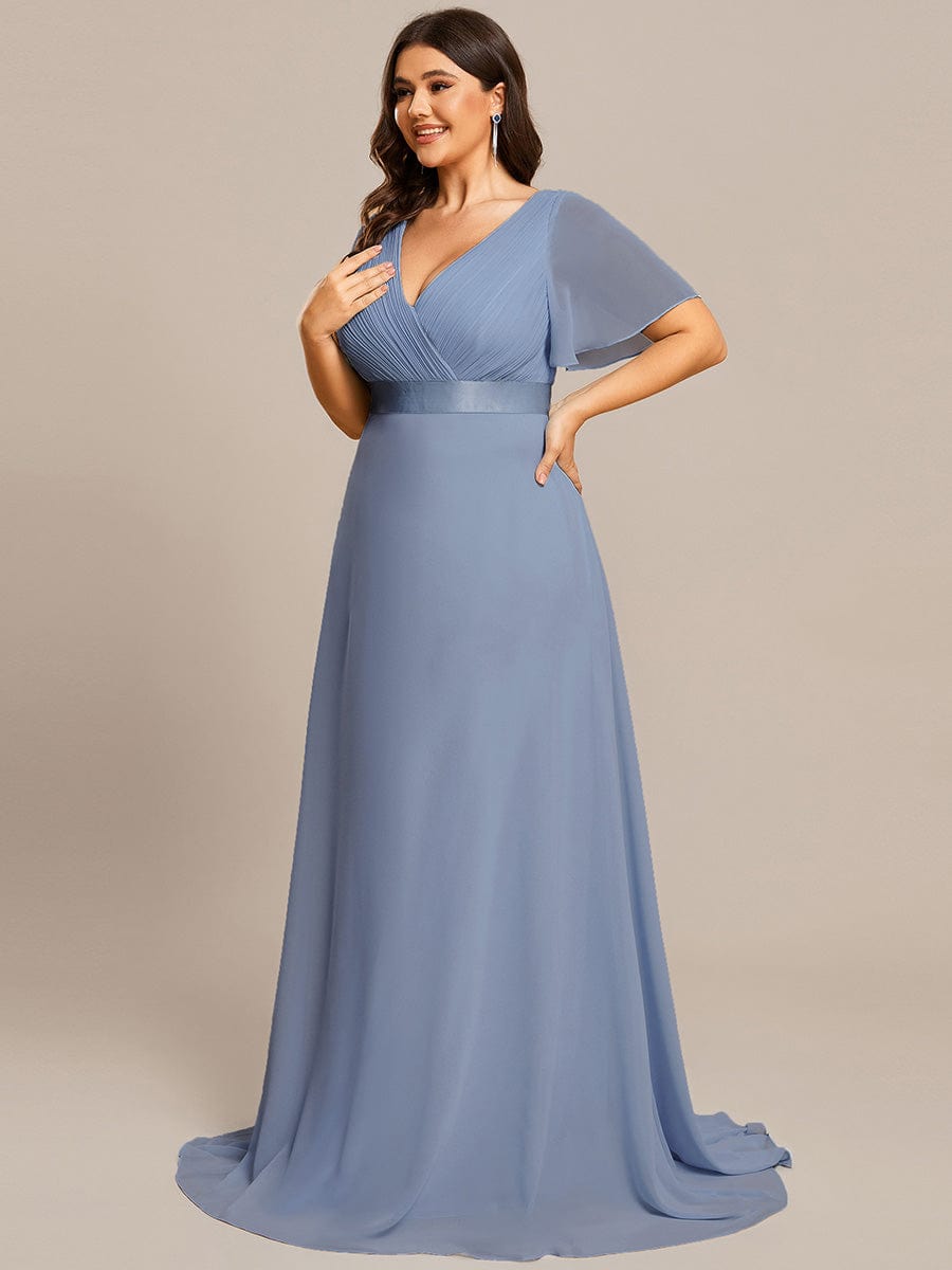 Plus Size Long Empire Waist Bridesmaid Dress with Short Flutter Sleeves #color_Slate Blue