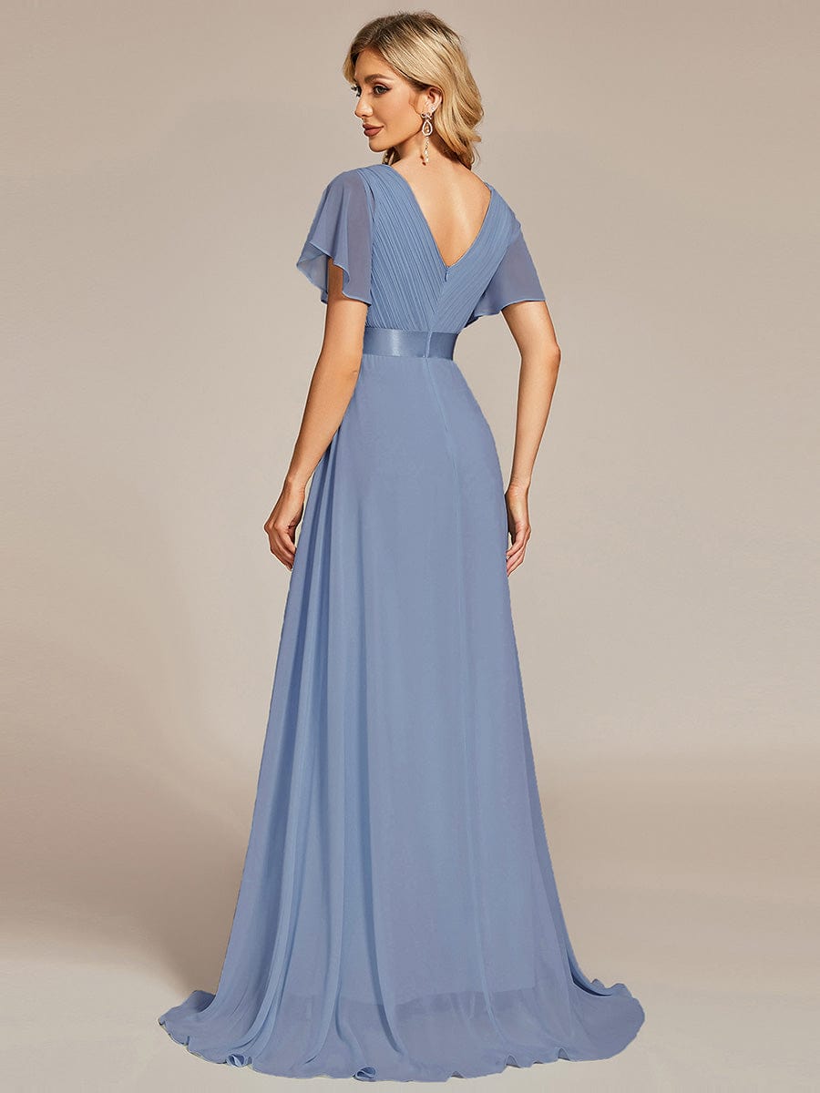 Long Empire Waist Bridesmaid Dress with Short Flutter Sleeves #color_Slate Blue