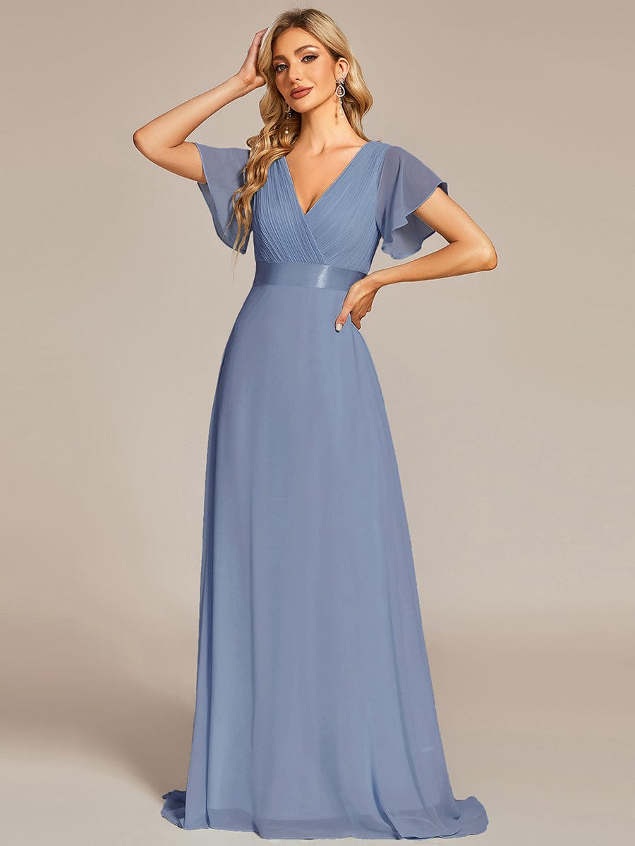 Long Empire Waist Bridesmaid Dress with Short Flutter Sleeves #color_Slate Blue