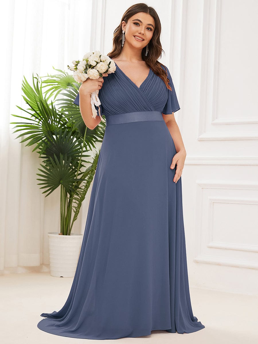 Plus Size Long Empire Waist Bridesmaid Dress with Short Flutter Sleeves #color_Stormy