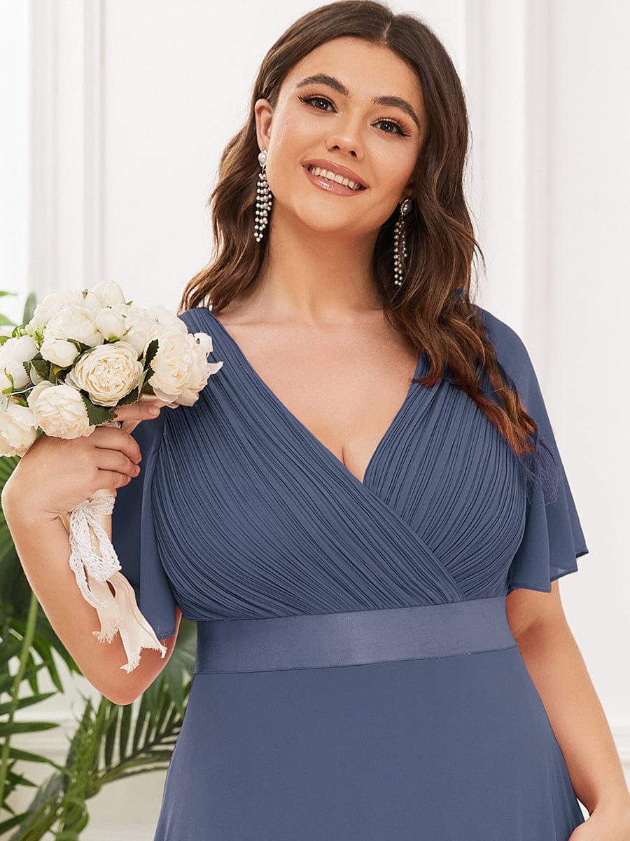 Plus Size Long Empire Waist Bridesmaid Dress with Short Flutter Sleeves #color_Stormy