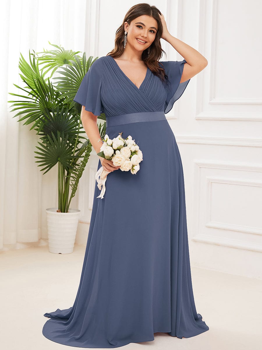 Plus Size Long Empire Waist Bridesmaid Dress with Short Flutter Sleeves #color_Stormy