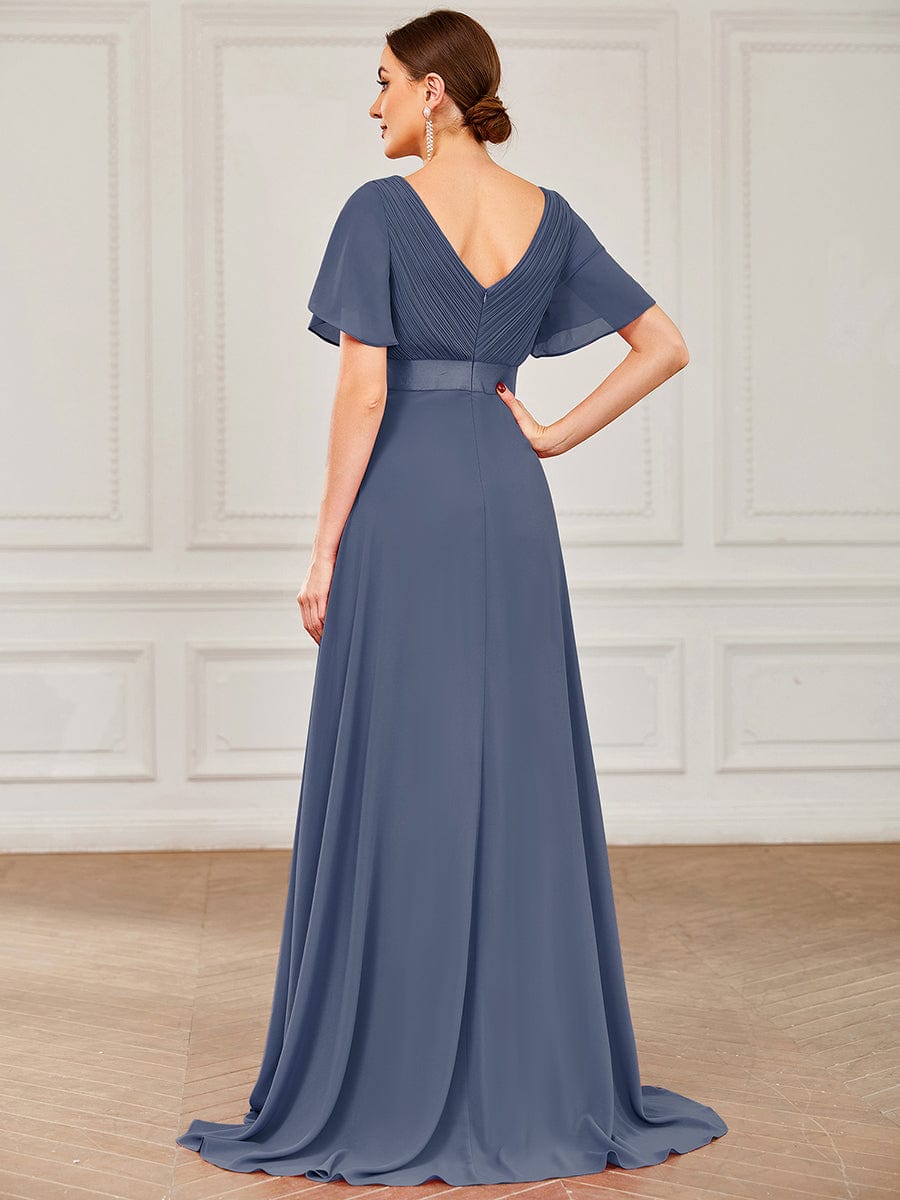 High Waist Short Sleeves Bridesmaid Dress #color_Stormy