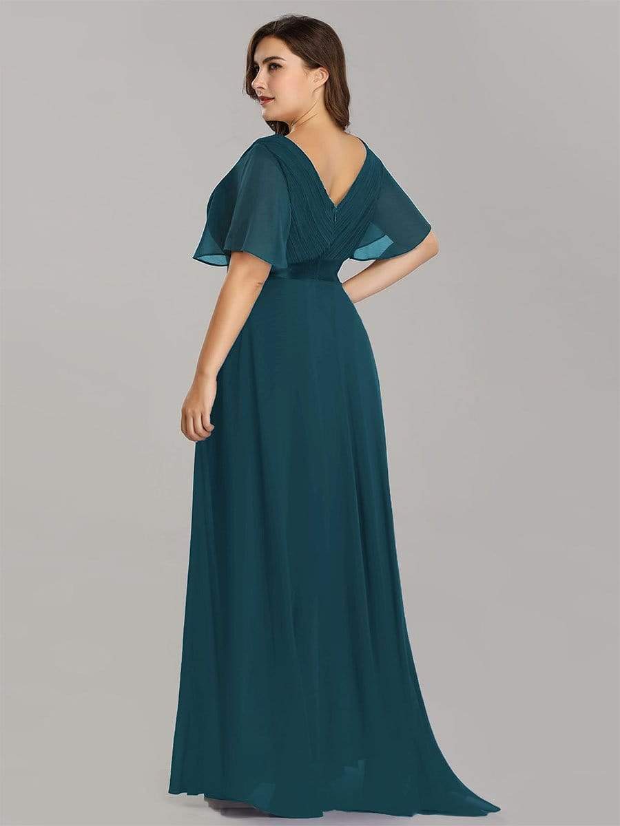 Plus Size Long Empire Waist Bridesmaid Dress with Short Flutter Sleeves #color_Teal