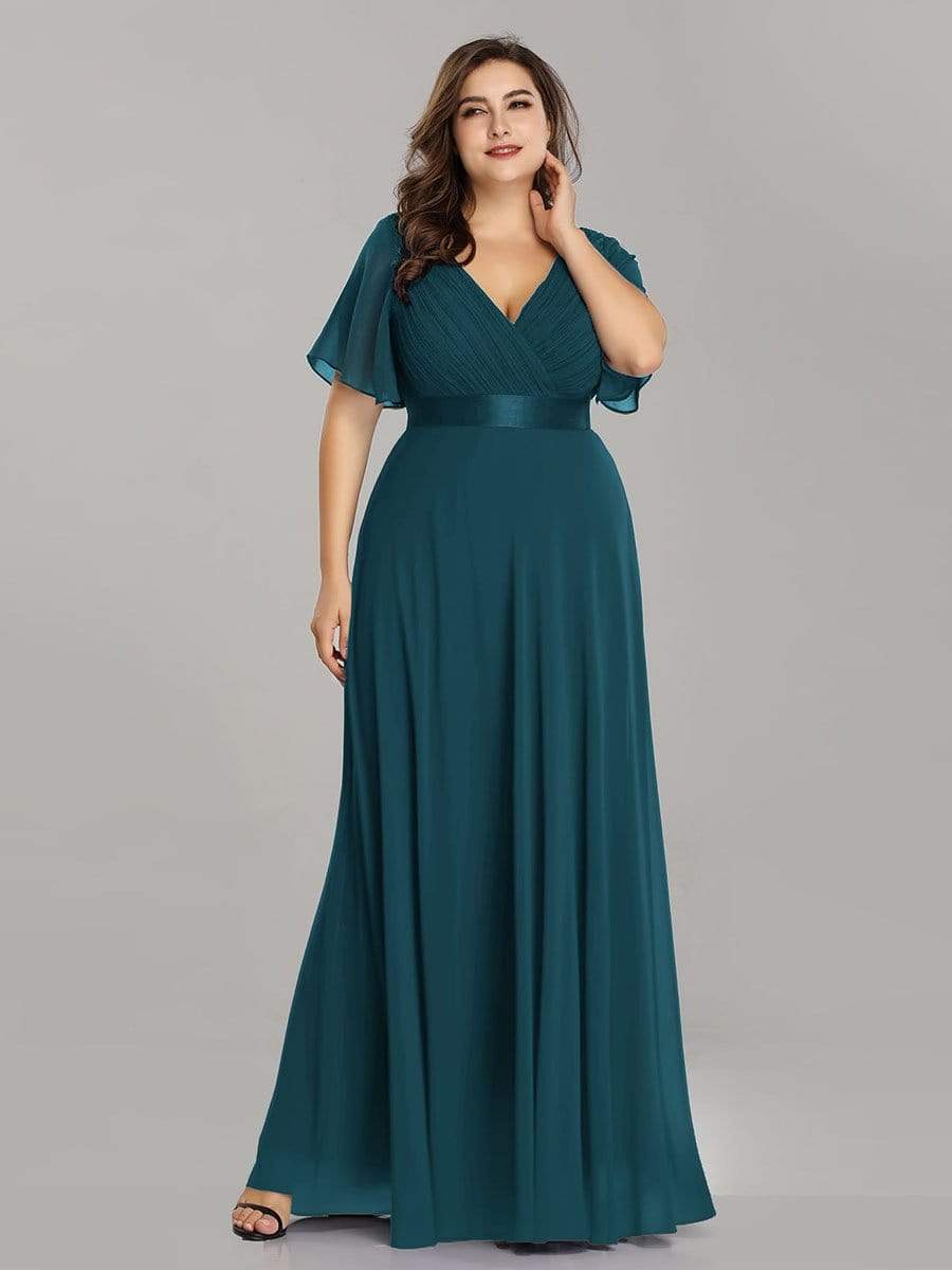 Plus Size Long Empire Waist Bridesmaid Dress with Short Flutter Sleeves #color_Teal
