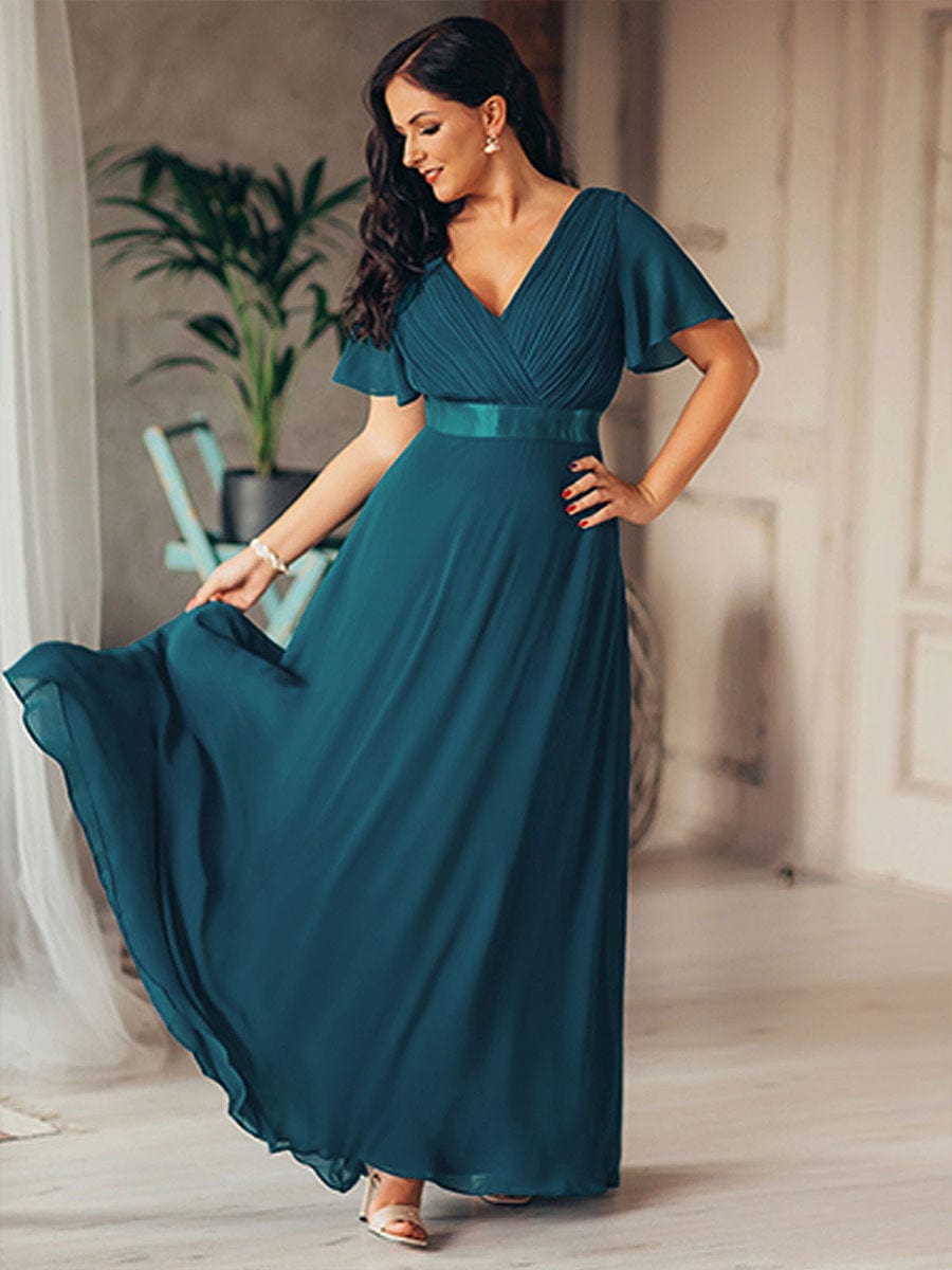 Long Empire Waist Bridesmaid Dress with Short Flutter Sleeves #color_Teal